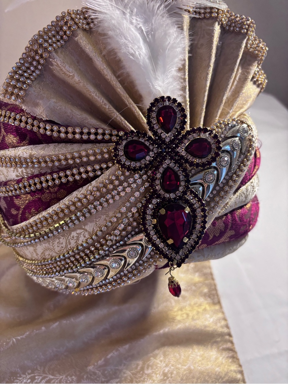 Groom Wedding Safa -Embellished Cream & Deep Red Turban Hat